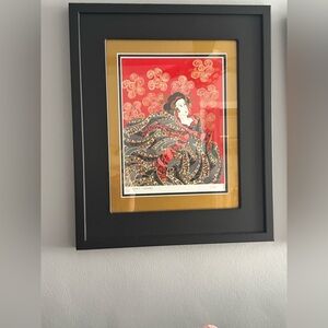Vibrant Red and Gold Art Print in Black Frame